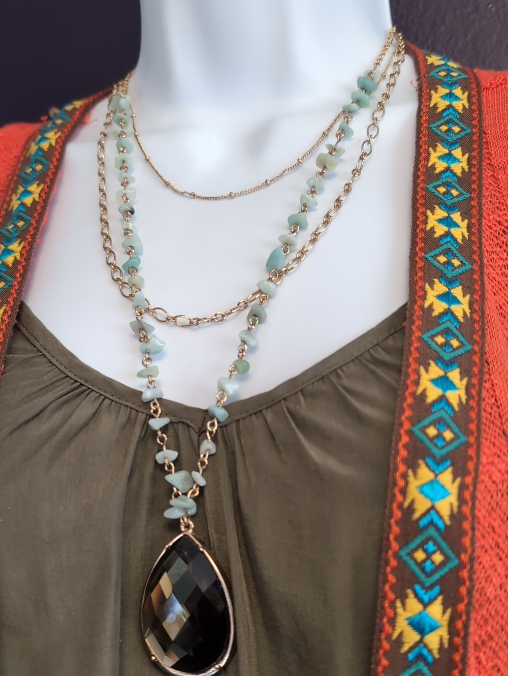 Avon Gold Layered Necklace with Pale Green Beads and Smoky Teardrop - Picture 1 of 7